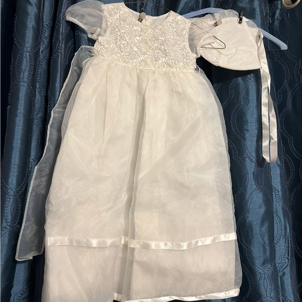 Elegant White Dress with Matching Bonnet for Baptism 6 months